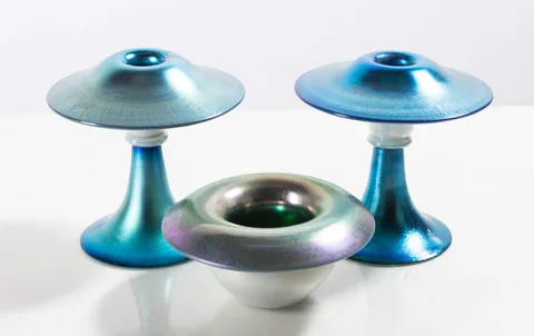 Blue Aurene & Verre de Soie Candlesticks & Bowl by Alexander Joseph von Steuben, sold Sep 2026