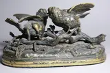 Deux moineaux s'affrontant by Jules Moigniez, Épreuve en bronze à patines brune et dorée, sold Apr 2022