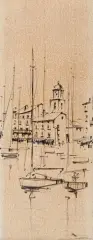 St Tropez by Georges Damin, Crayon noir et rehauts de plume sur papier teinté, sold Apr 2022