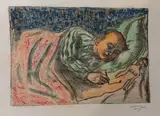 Dessin portant la signature « Topor » en bas à droite, dans la marge by Roland Topor, Fusain, pastel et encre bleue, sur papier du Japon épais, recouvert d'un vernis, sold Apr 2022
