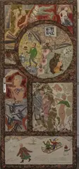 Au verso: Composition d'abstraction géométrique Isorel contrecollé sur une by Henri Mouvant, Technique mixte, collage de tissus, timbres, papiers découpés, papiers machés, bois, sold Apr 2022