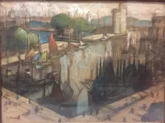 Vue du port de la Rochelle by Gaston Balande, Fusain et pastel sur papier, sold Mar 2019