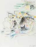 Personnages au Chevy’s à New-York by Daniel Authouart, 2005, Fusain et crayons de couleurs sur papier, sold Dec 2018