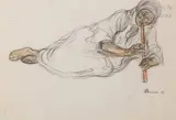 Le joueur de flûte by André Suréda, Fusain et pastel sur papier grège, sold Nov 2018