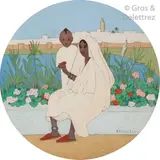 Mère et enfant devant Rabat by Marguerite Barrière-Prévost, Gouache et aquarelle sur papier circulaire, sold Nov 2018