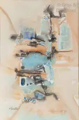 Composition bleue et ocre by Mohamed Khadda, Aquarelle, encre, sold Nov 2018