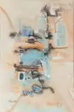Composition bleue et ocre by Mohamed Khadda, Aquarelle, encre, sold Nov 2018