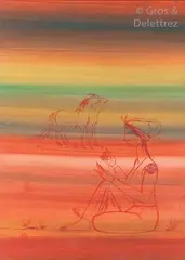 La jeune fille et les chevaux by Jellal Ben Abdallah, Gouache, sold Nov 2018