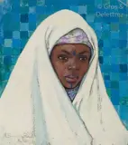 Marocaine aux zelliges bleus by Marguerite Barrière-Prévost, Gouache et aquarelle, sold Nov 2018