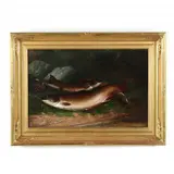Brown Trout, Rod & Reel on a Bank by Walter M. Bracket, Oil on canvas laid on Masonite, sold Mar 2022