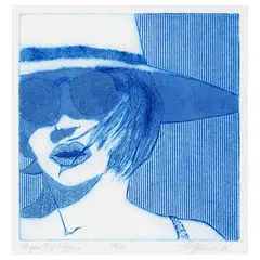 Figure Eight Figure by Maud Gatewood, Intaglio/collograph in blue ink, sold Feb 2022