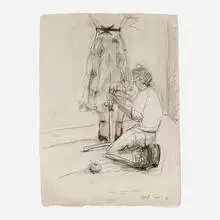 Hemming Mother's Skirt, 1964 by James Gingerich, 1988, graphite, charcoal and watercolor on handmade paper, sold Aug 2024
