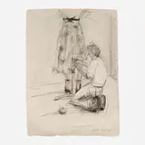 Hemming Mother's Skirt, 1964 by James Gingerich, 1988, graphite, charcoal and watercolor on handmade paper, sold Aug 2024