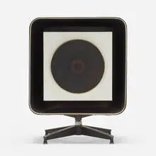 Speaker by Charles and Ray Eames, 1956, teak plywood, enameled aluminum, vinyl, lacquered fiberglass, sold Jun 2022
