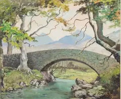 Stone Bridge with Mountains by Robert Jack, Oil on Canvas, offered Sep 2015