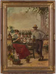 Flower Seller and Suitor by A. Secola, Oil on Canvas, offered Jan 2015