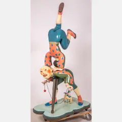 Acrobats and Dog by Gregory Gorby, 1991, Mixed media painted carved wood and fiber, offered Dec 2023