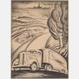Cleveland Landscape with Trucks, WPA Era by Vincent James Napoli, lithograph, offered Dec 2023