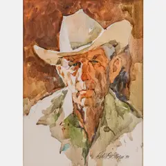 Portrait of a Cowboy by Robert M. Moyer, 1990, Watercolor on board, offered Dec 2023