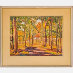 Forest Scene by August Biehle, Gouache on mat board, offered Sep 2022