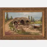 Landscape with Bridge and Figures by László Neogrády, Oil on canvas, offered Aug 2022