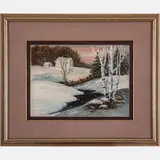Winter Landscape with House by Bettie Williams, Watercolor and gouache on paper, offered Aug 2022