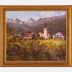 Alpine Scene with Cottages by Pentl, Oil on canvas, offered Aug 2022