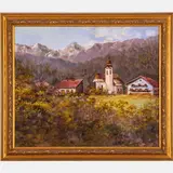 Alpine Scene with Cottages by Pentl, Oil on canvas, offered Aug 2022