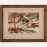 Water Landscape with Barn by R. Barnes, Watercolor on paper, offered Jul 2022