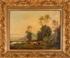 Landscape with Figure and Cattle by Julius Jacobus Bakhuijzen van de Sande, Oil on canvas, offered Mar 2015