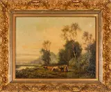 Landscape with Figure and Cattle by Julius Jacobus Bakhuijzen van de Sande, Oil on canvas, offered Mar 2015