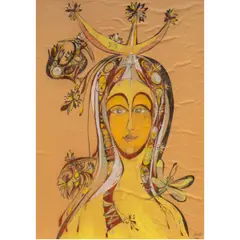 Untitled (Portrait of a Woman with Birds and Dragonfly) by Marcia Gaiter, 1966, watercolor, sold Nov 2025