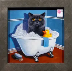 Russian Blue Bath Time by Diana Fritch, oil on board, sold Nov 2025