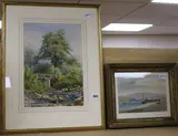 Holy Street Bridge, Chagford, Devonshire' and another watercolour of Exmouth Beach attributed to W by William Morrish, watercolour, sold Mar 2018