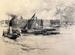EtchingGreenwich by Stephen Parrish, etching, sold Mar 2018