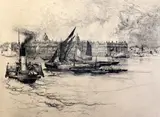 EtchingGreenwich by Stephen Parrish, etching, sold Mar 2018