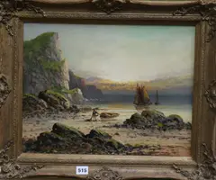 Beach scene by Frank Hider, oil on canvas, sold Mar 2018