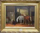 oil on board, horses in a stable monogrammed, 28 x 38cm by K G, oil on board, sold Mar 2018