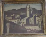 Hill town, label verso, 35 x 45cm by George Dixon Aked, oil on canvas, sold Feb 2018