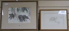 Elephants near Pellican Point, Lake Edward & Elephant Babies, Lake Mauyara, inscribed in pencil, 25 x 34cm and 18 x 28cm by Ralph Thompson, ink and watercolour, offered Feb 2018