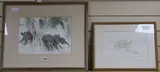 Elephants near Pellican Point, Lake Edward & Elephant Babies, Lake Mauyara, inscribed in pencil, 25 x 34cm and 18 x 28cm by Ralph Thompson, ink and watercolour, offered Feb 2018