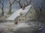 19th century oil on panel, cottage in a winter landscape, initialled, 14 x 19cm by Henri Jacobs, oil on panel, sold Feb 2018