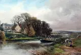 WatercolourHorsedrawrn canal barge in a landscapesigned and dated by Henry Charles Fox, 1913, watercolour, sold Feb 2018