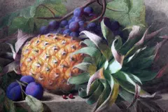 Still life of a pineapple, plums and grapes by Charles Henry Slater, watercolour, sold Dec 2017