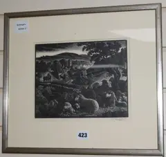 Wood engravingSheep in a spring woodsigned in pencil7 by Charles Frederick Tunnicliffe, engraving, sold Dec 2017