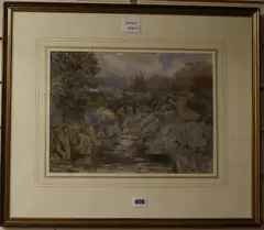 WatercolourPont Y Pair Bridge on the River LluguyAbbott & Holder label by David Cox, watercolour, sold Dec 2017