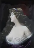 A Limoges Art Nouveau enamel portrait plaque, depicting a beauty in diaphanous robes by Jules Sarlandié, oil, sold Nov 2017