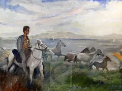 Horse rider and ponies on the shore by Ronald Ossory Dunlop, oil on canvas, sold Nov 2017