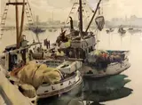 WatercolourFishing boats in Los Angeles harboursigned and dated by Paul Julian Hull, watercolour, sold Nov 2017