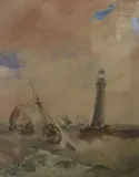 WatercolourFishing boats beside a lighthouse16 by Samuel Owen, watercolour, sold Nov 2017